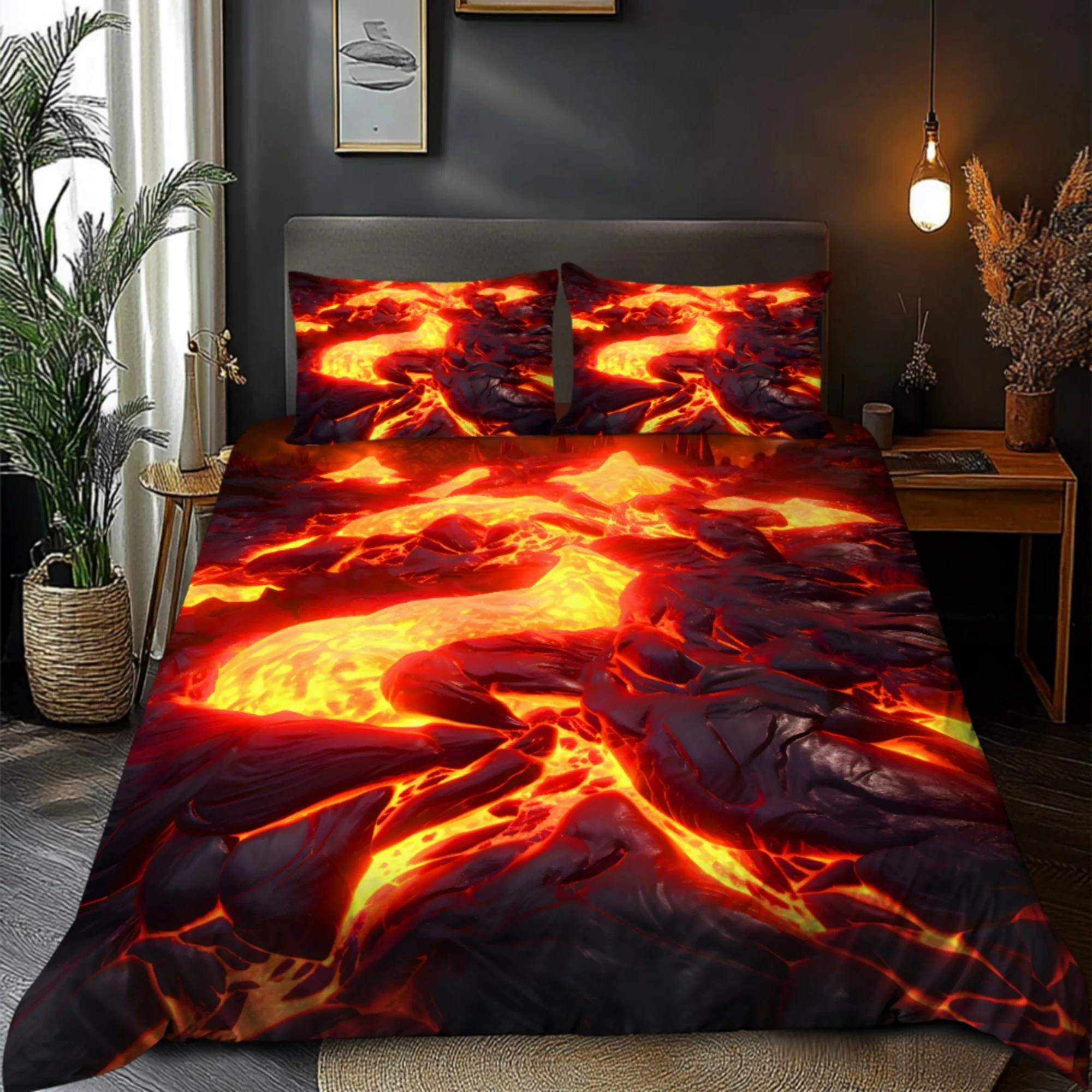 

3D Volcanic Lava Design Quilt Cover Kit Super Soft Brushed Digital Print Bedding Three-dimensional Theme Pattern Quilt Set