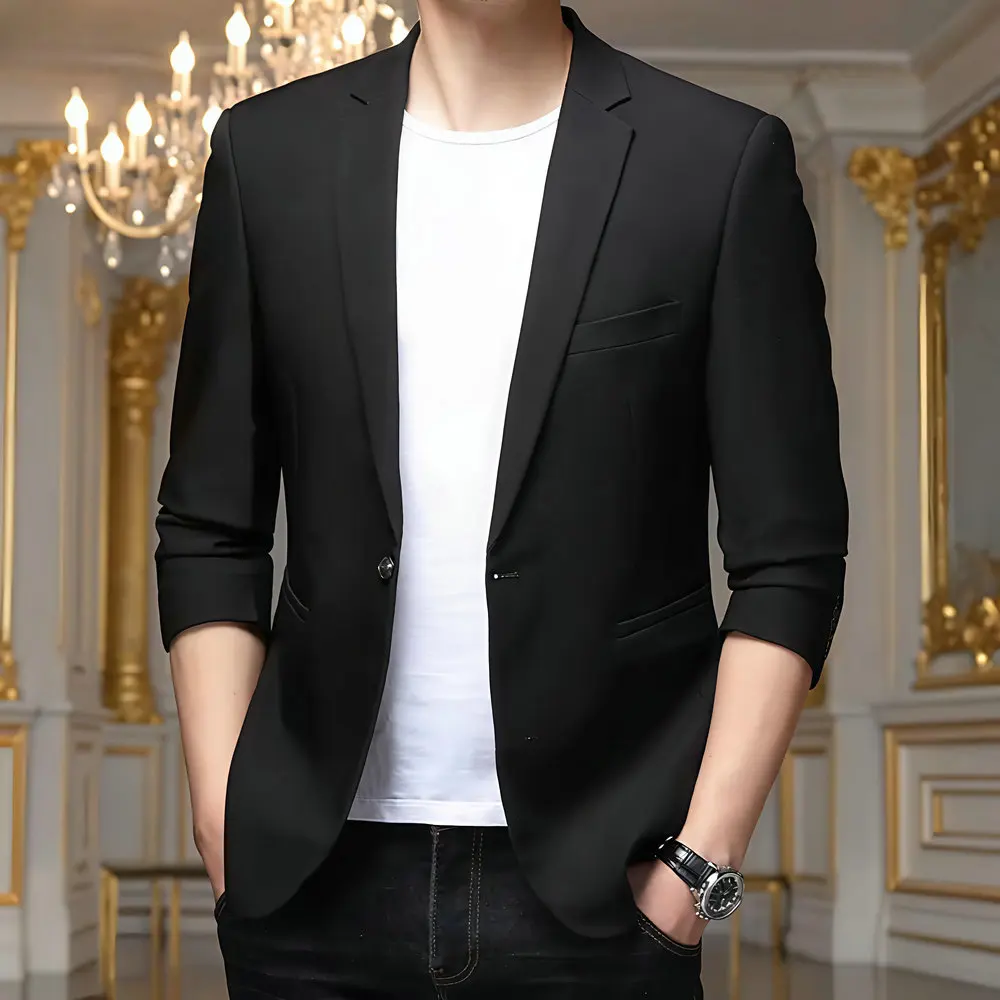 

Men Black Blazers Slim Fit Single Button with Chest Pocket & Back Vent Design Suit Jackets Male Modern Minimalist Outfits 2025