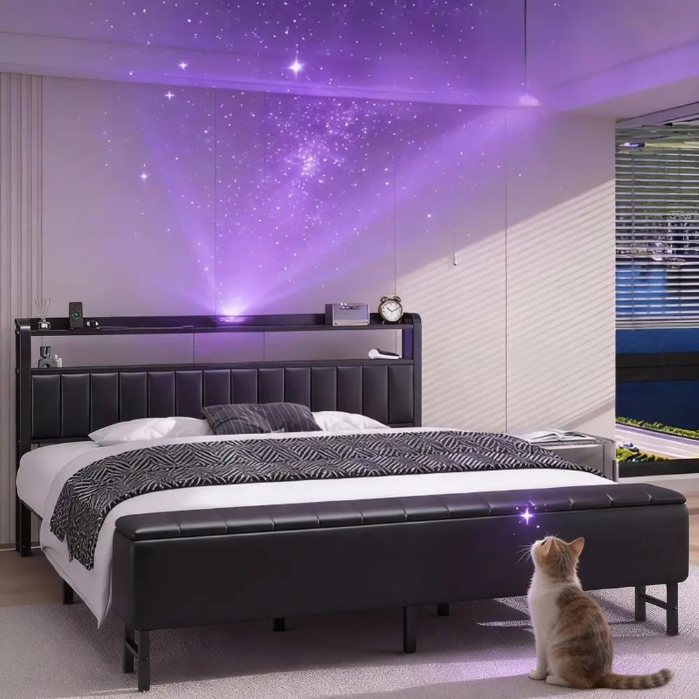 

Black King Size Bed with Star Projector, Charging Station, PU Leather, Storage Ottoman, Metal Support, Noise-Free, No Box Spring