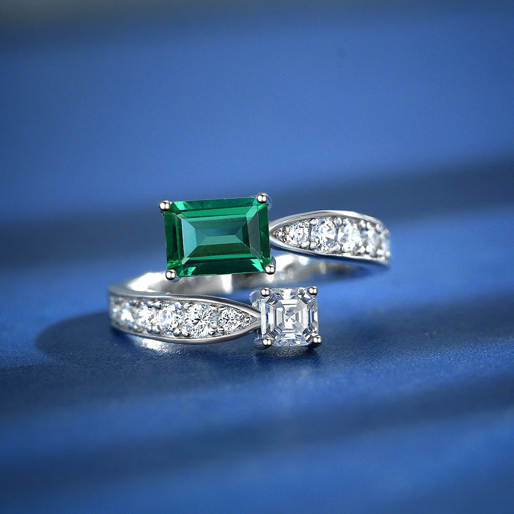 S925 Silver New Type Cultivate Emerald High Carbon Diamond Ring for Women, European and American Fashion Open Wedding Jewelry