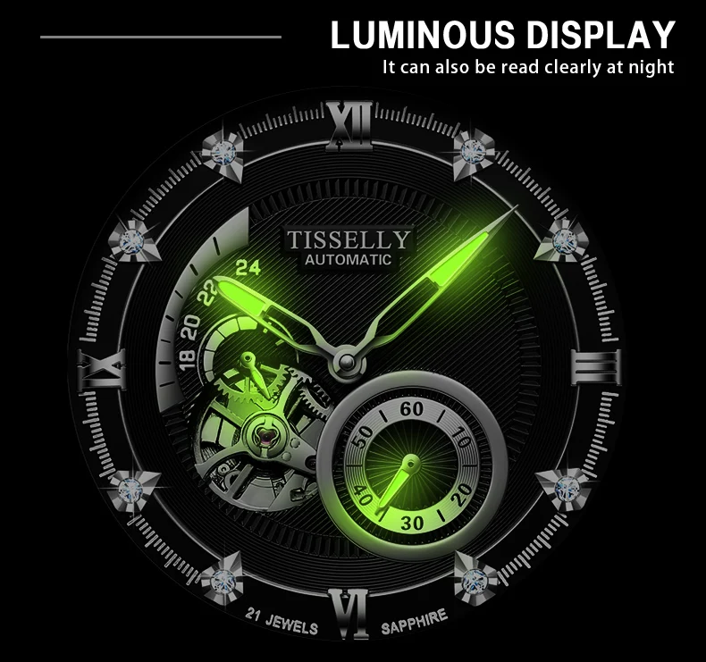 TINAIBIN Luminous Pointer Mechanical Watch For Men Roman Number With Diamond Water Resistant Wristwatch