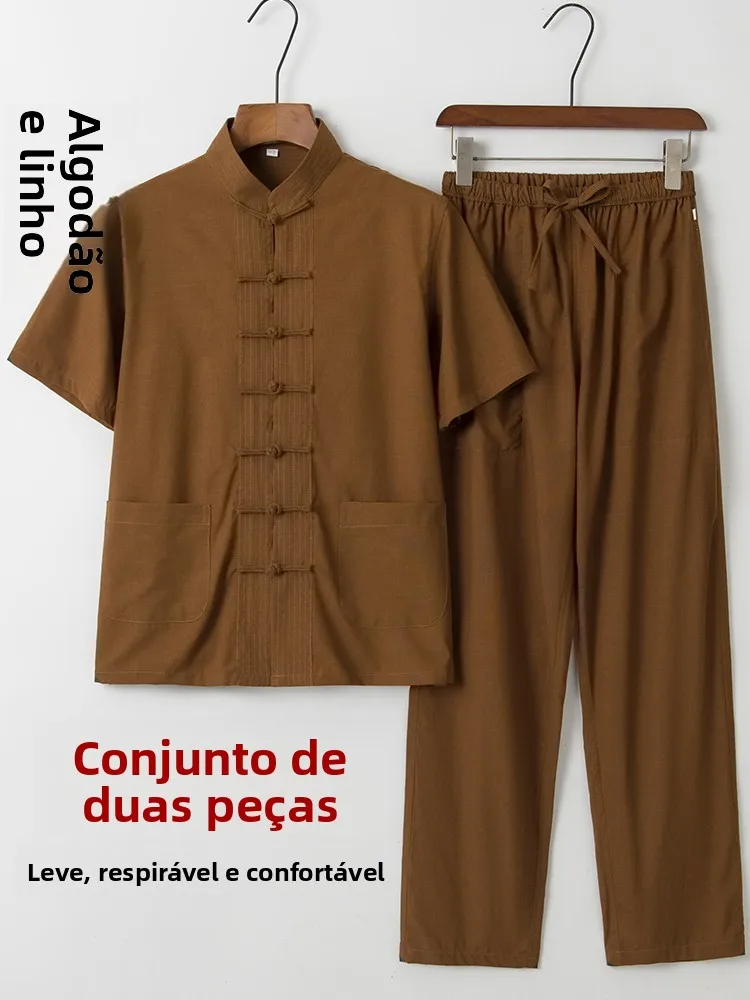men's-summer-thin-cotton-linen-short-sleeve-two-piece-set-buttoned-zen-study-home-tea-clothing-traditional-chinese-tang-costume