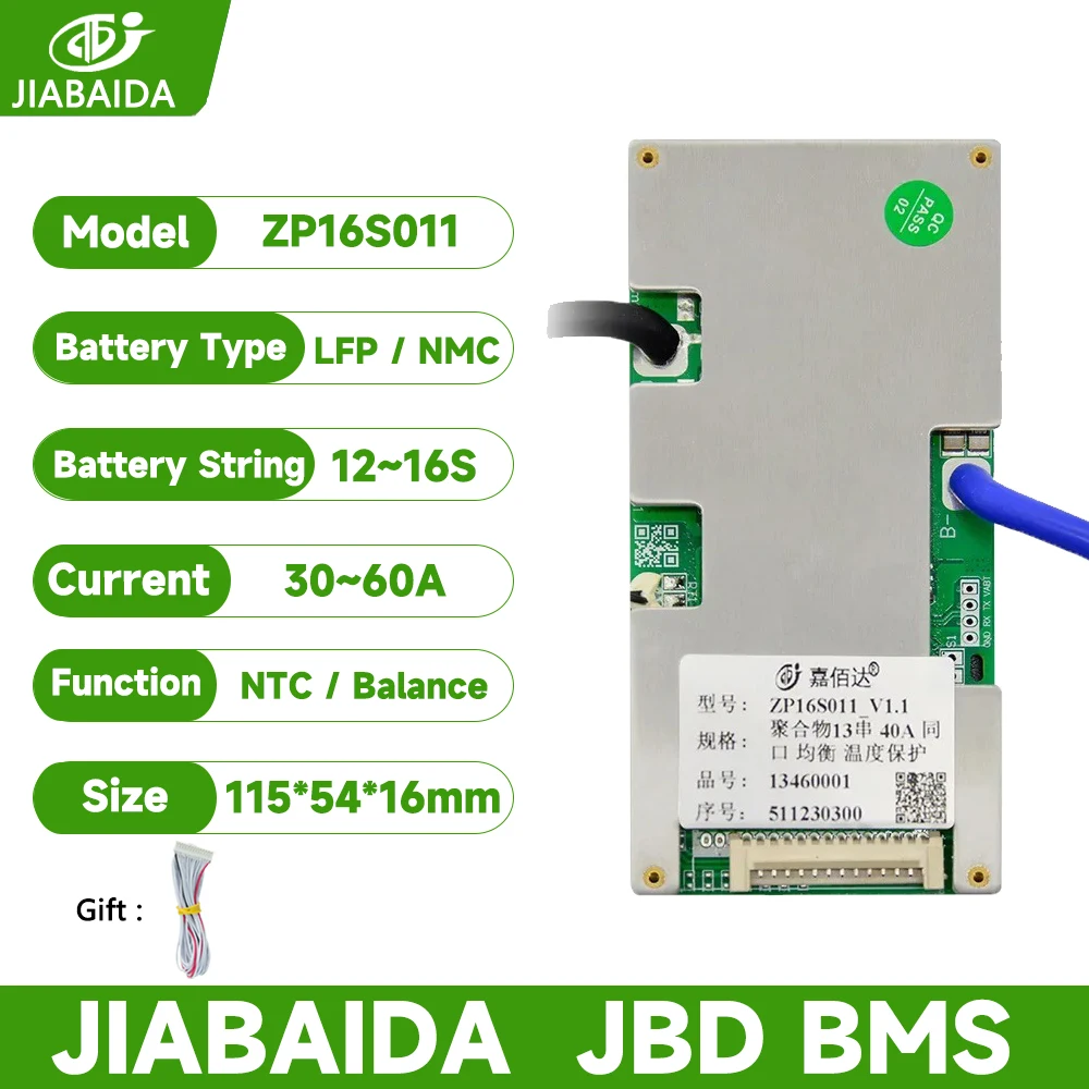 JBD BMS Li-ion 13S 14S 36V 16S 48V LiFePO4 30A 40A 50A 60A Charge Discharge Protect JIABAIDA BMS Balance ZP16S011