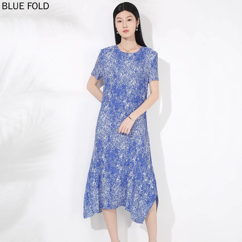 MIYAKE PLEATS Vestido Women's Short-sleeved Pleated Printed Dress Round Neck Comfortable Elegant Simple Pleateddress Daily Wear