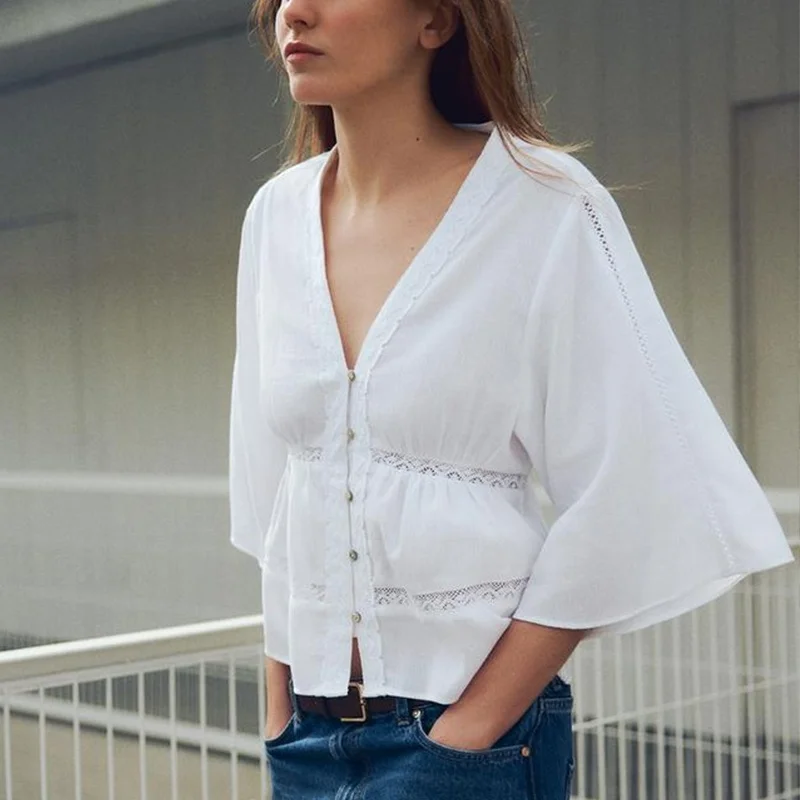 Printemps 2025 femmes Sle ample Vertical à volants garniture v-ne irt Z polyvalent longueur régulière couleur Pure Fiber de Polyester