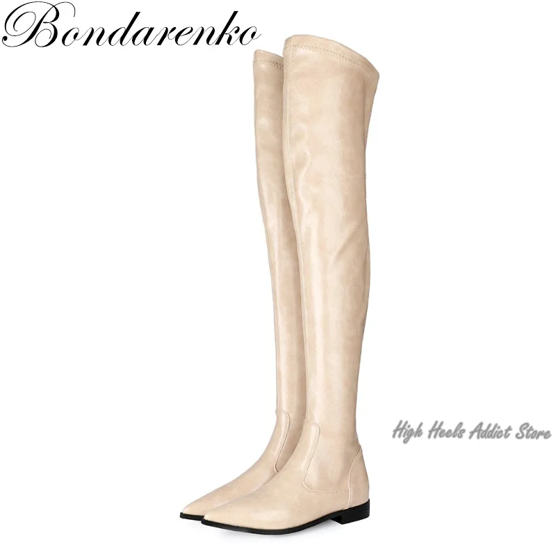 Stivali sopra il ginocchio in pelle piatta Beige stivali alti alla coscia rossi con cerniera a punta da donna Sexy novità in botas de mujer scarpe