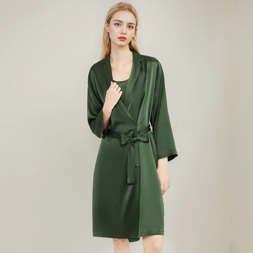 Winsleter-19MM 100%Real Silk Elegant Night-robe Set, Women Long Sleeve Lace-up, Sexy Robe Sling Dress, 2025 Summer New S55614CC