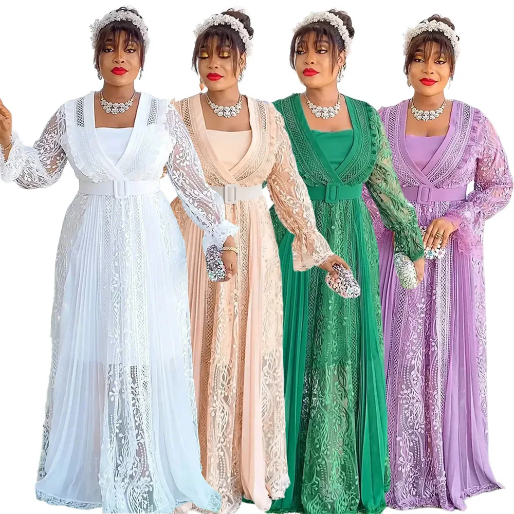 

Large size women's embroidered long sleeved elegant long skirt Dubai new lace dress two-piece set