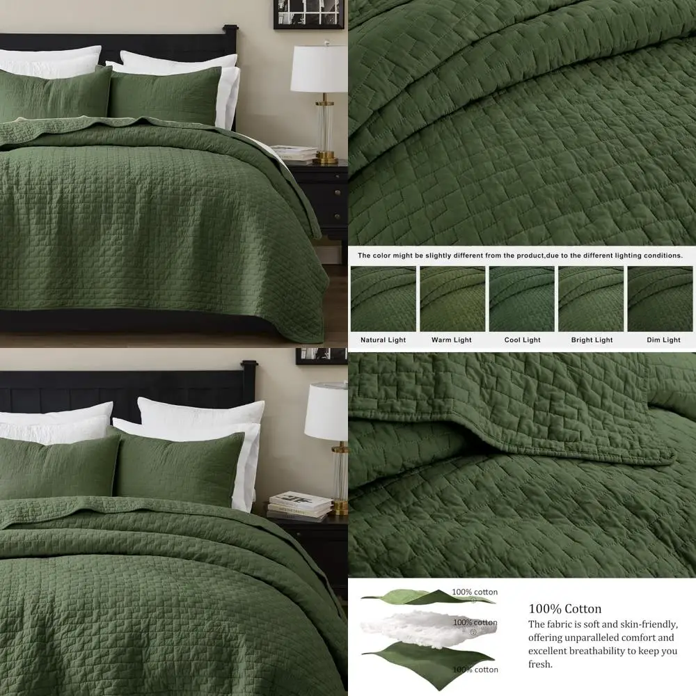 

Комплект одеял оливково-зеленого цвета из 100% хлопка для кровати California King с двумя подушками, легкое покрывало большого размера