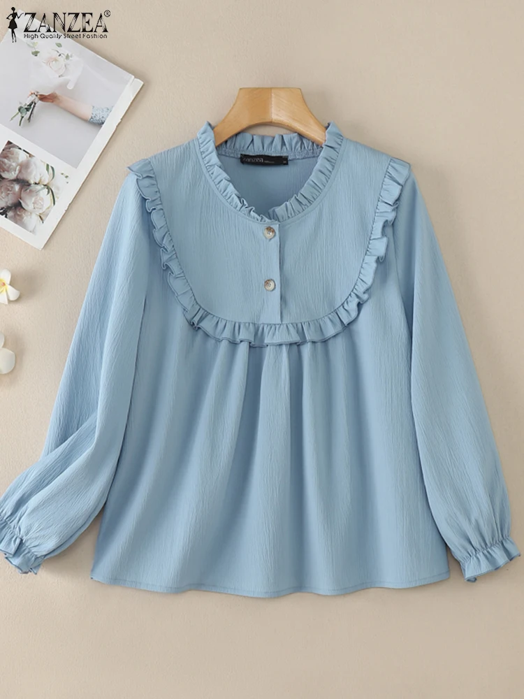 Elegant Work Shirts ZANZEA Spring Autumn Solid Pleated Blouse Women Fashion Casual Long Sleeve Holiday Tops Tunic Flounce Blusas