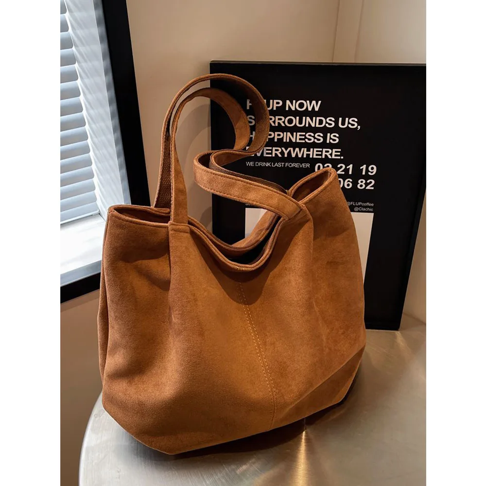 Korean Fashion Women Faux Suede Tote Bag Solid Large Capacity Female School Shoulder Bags Lady Casual Simple Commute Handbag