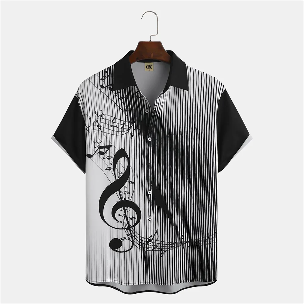 Camisa hawaiana con estampado de notas musicales en 3D para hombre, camisa informal holgada de manga corta, ropa de gran tamaño, 2023