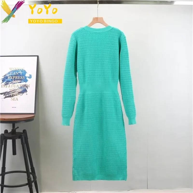 Elegant Knitted Bow Studded Pocket Long-sleeved Cardigan Dress 2024 Autumn Winter Women Elastic Slim Bodycon Sweater Dress