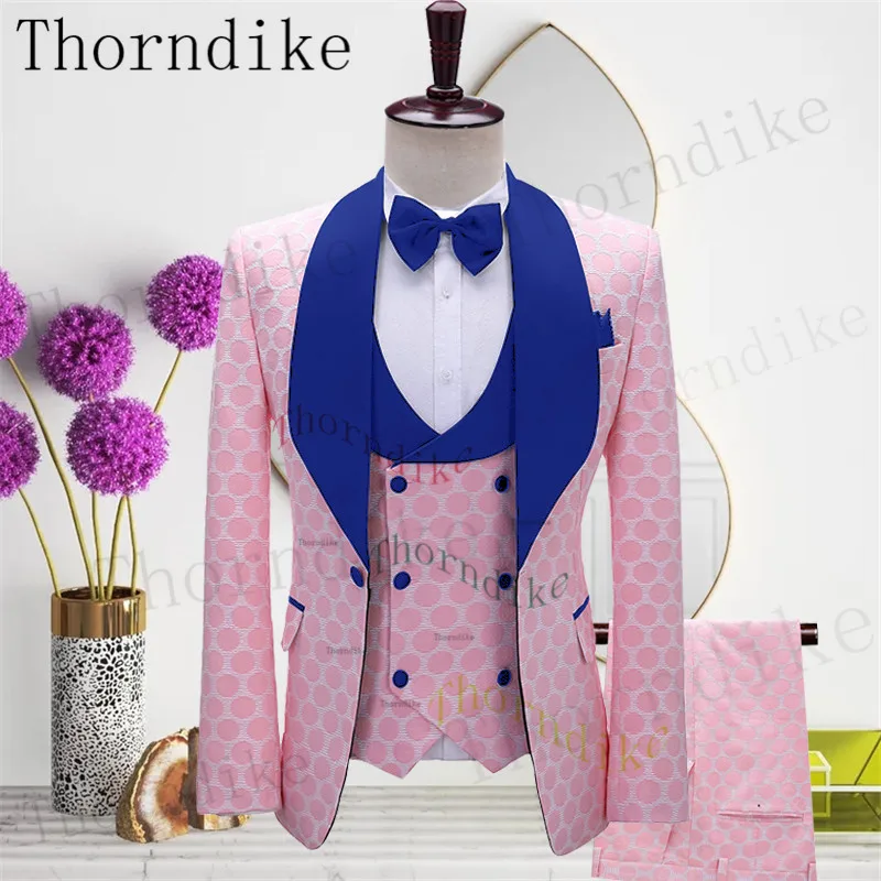 

Thorndike Custom Made Classic Fashion Pink Dot Groom Tuxedos Groomsmen Royal Blue Shawl Lapel Best Man Suit Wedding Men's Blazer