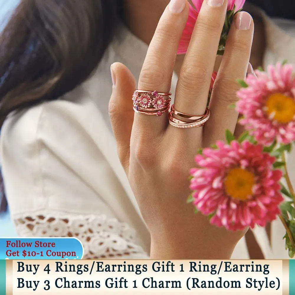 Ahthen 925 Sterling Silver Ring Sparkling Geometric Crown Flower Petals Band Sparkling Daisy Flower Rings 925 Silver Women Rings