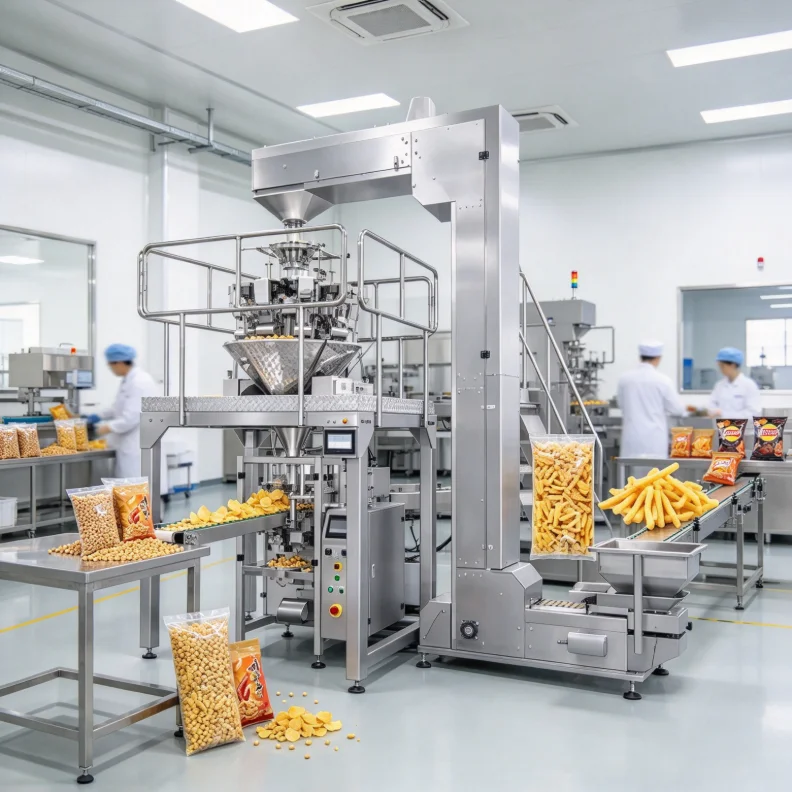 Vertical Pillow Bag Packing Machine Multi function Twin Weighing Filling Device for Cashew Nuts and Puffed Food Customized