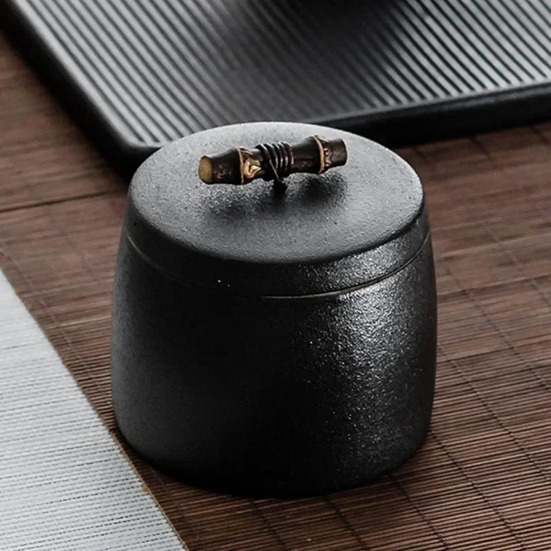 Black Pottery Tea Can Green Tea Packaging Box Tea Storage Jar Ceramic Storage Tank Handmade Purple Bamboo Cap Button Small Can