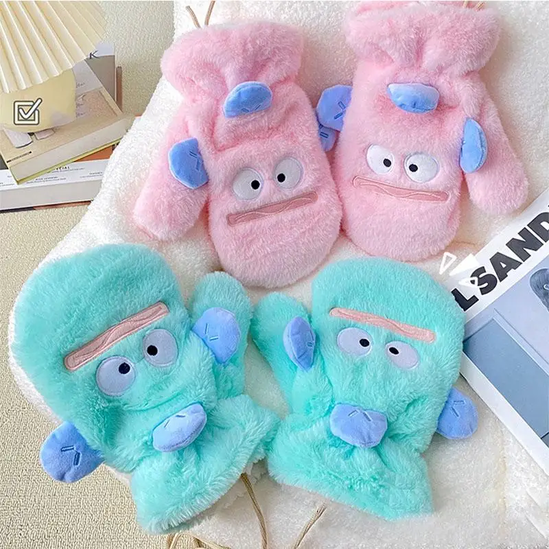 New Sanrio Kawaii Hangyodon Gloves Student Cartoon Cute Autumn Winter Cycling Thicken Outdoors Keep Warm Plush Glove Girl Gift