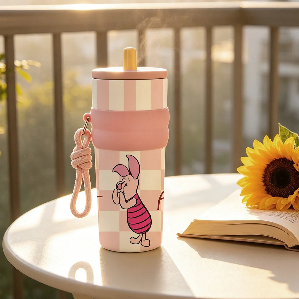 1pc 25oz Disney Cute Piglet Stainless Steel Tumbler Insulated Travel Mug with Straw Hanging Rope Portable Cup for Car Outdoor view 6