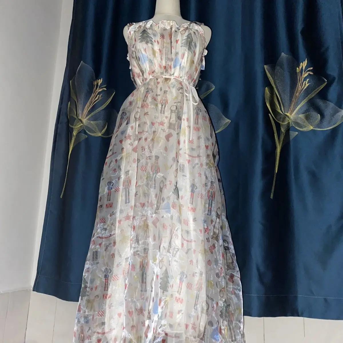 2 Layers Voile Outside Ice Silk inside Floral Print Glossy Sexy Women Satin Long Dress Loose Maxi Dress Elegant Dresses