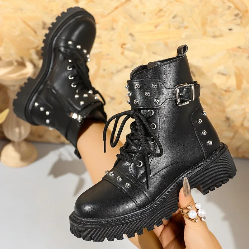 

Studded Booties Four Seasons Round Toe Lace-Up Belt Buckle Side Zipper Soft Sole Non-Slip Block Heels