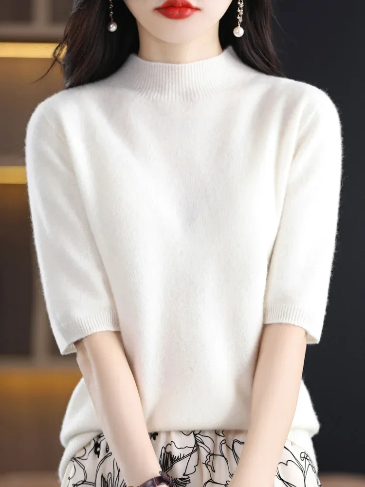 Fashion Half Short Sleeve Sweater Basic Mock-Neck  Cashmere Women Knitted Top Pullover Clothing Tops