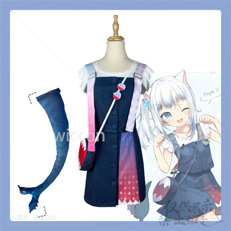 أزياء أنيمي Vtuber هولو لايف التأثيرية Gawr Gura أزياء Kawaii اليابانية للفتيات ذيل القرش فروي على شكل حيوانات فستان لوليتا مخصص