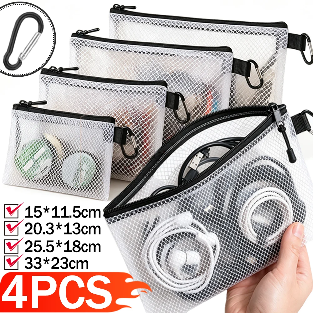 Transparent Multifunction Mesh Storage Bag with Hook for Stationery Cosmetics Data Cable Earphone Charger Cord Organizer Bag