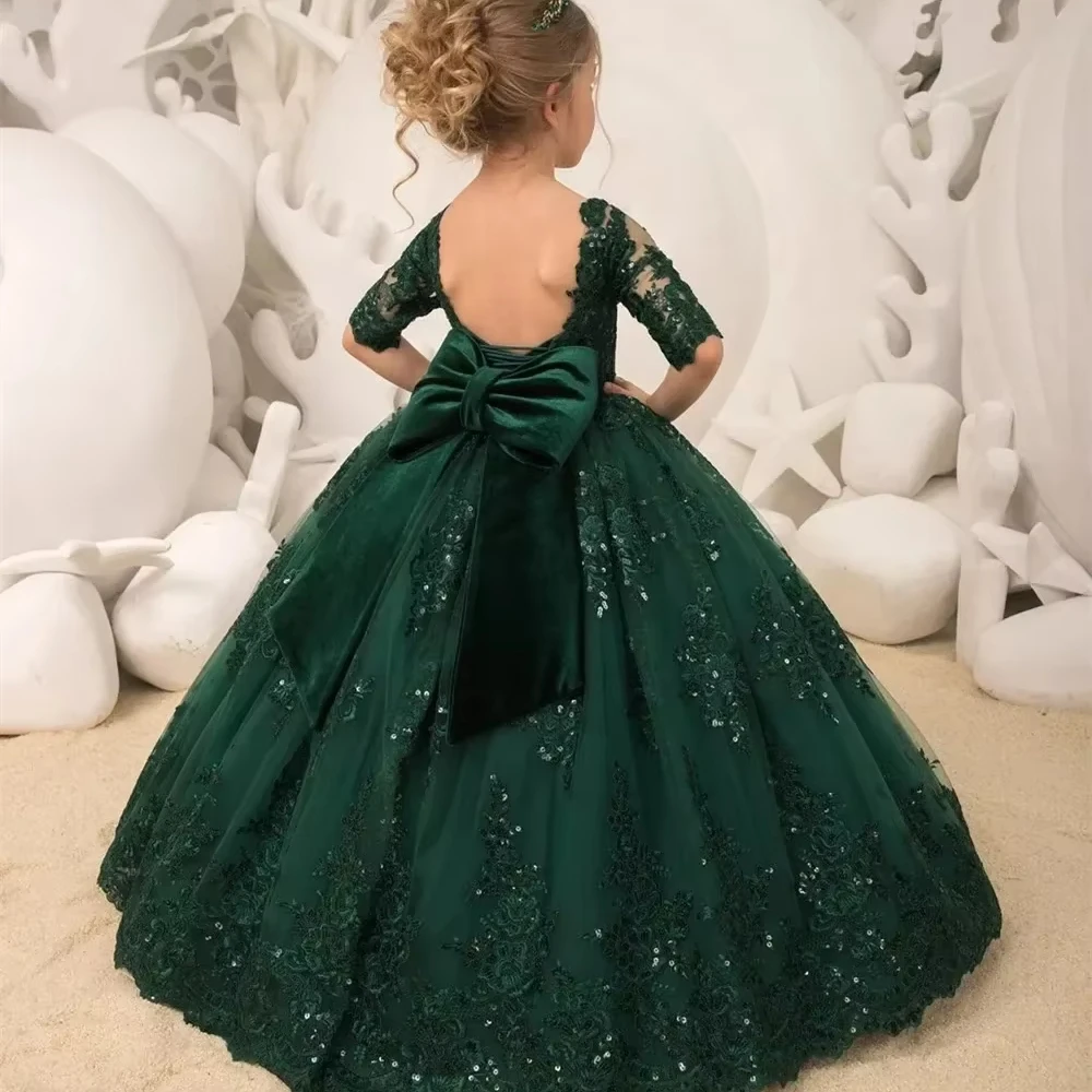 Customized Sequin Lace Flower Girl Dress for Kids Princess Gown for Wedding Birthday Party Pageant Special Occasion Dresses