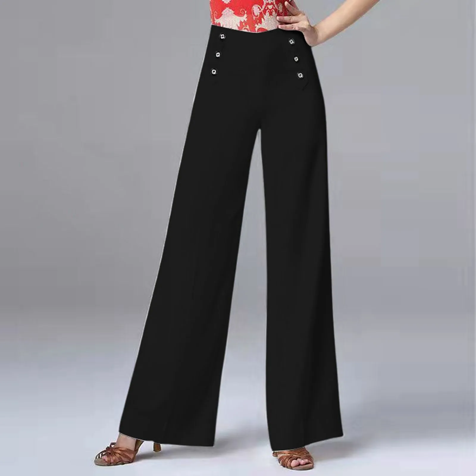 Spring And Autumn Fashion Women'S High Waist Wide Leg Pants Solid Button Bright Line Decoratio Loose Office Lady Casual Pants