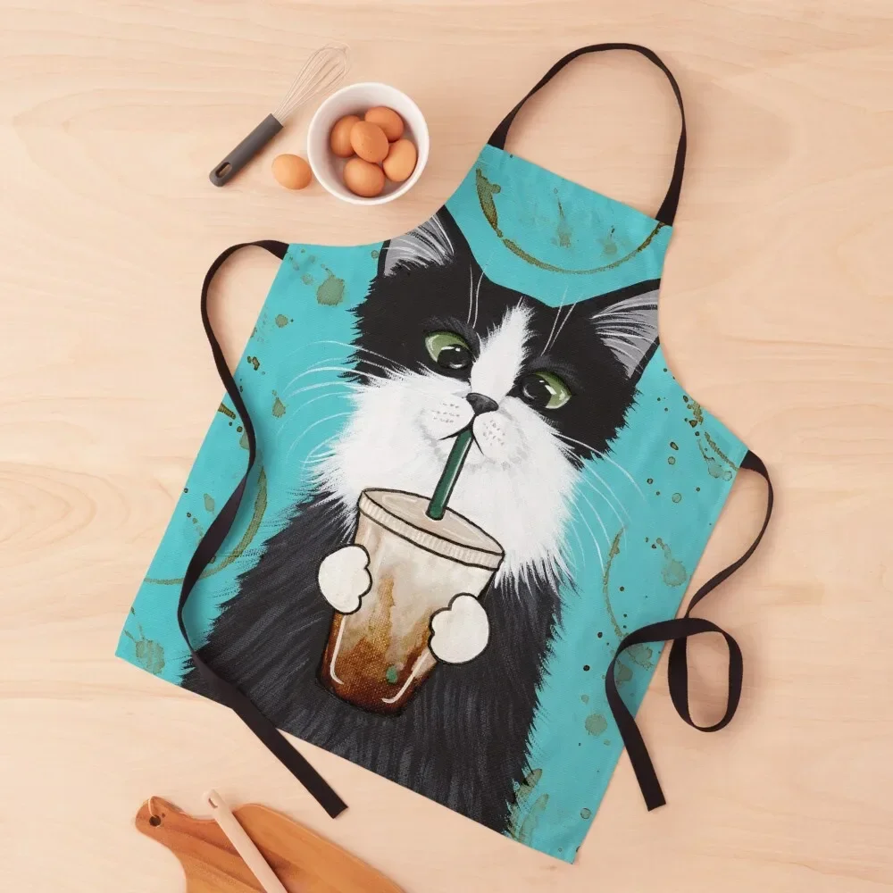 

Tuxedo Cat with Iced Coffee Apron cooks clothes Kitchen New 2022 Year Apron