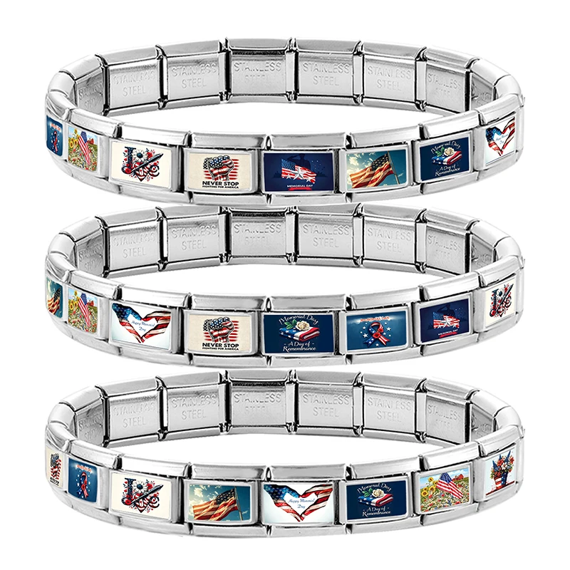 Fashion Memorial Day American Flag Flowers Pattern Italian Charm Link Fit 9mm Stainless Steel Bracelet DIY Making Jewelry Gift