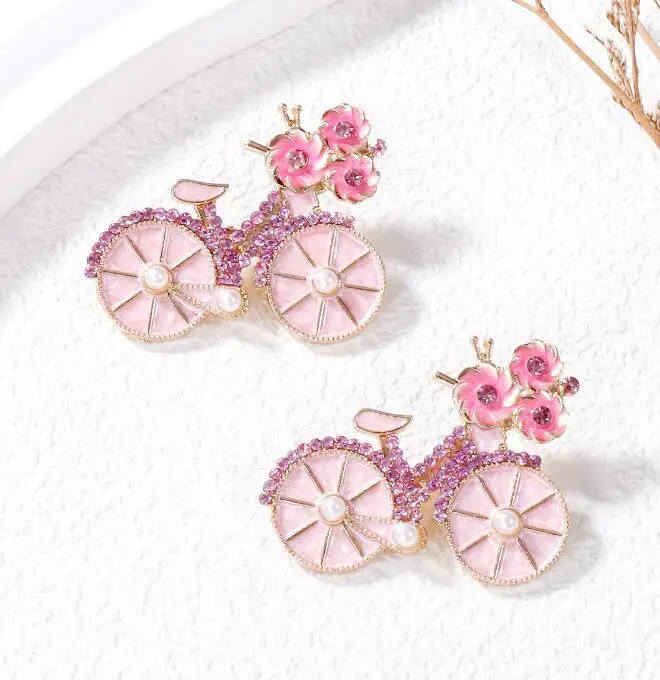 New pink bicycle brooch factory wholesale high-end chest flower European and American cross-border retro rhinestone brooch