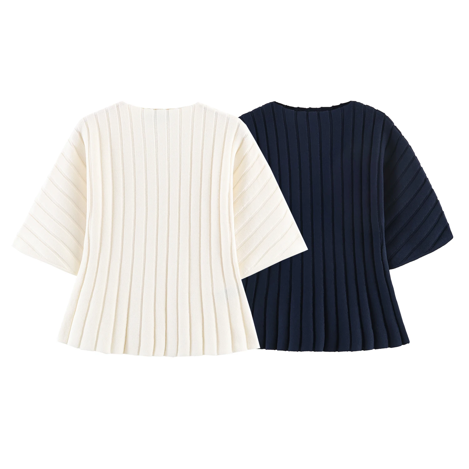 Europäischer und amerikanischer Stil, Frühling und Sommer, neues Damen-Top mit Rundhalsausschnitt, kurzen Puffärmeln und geripptem Strick.