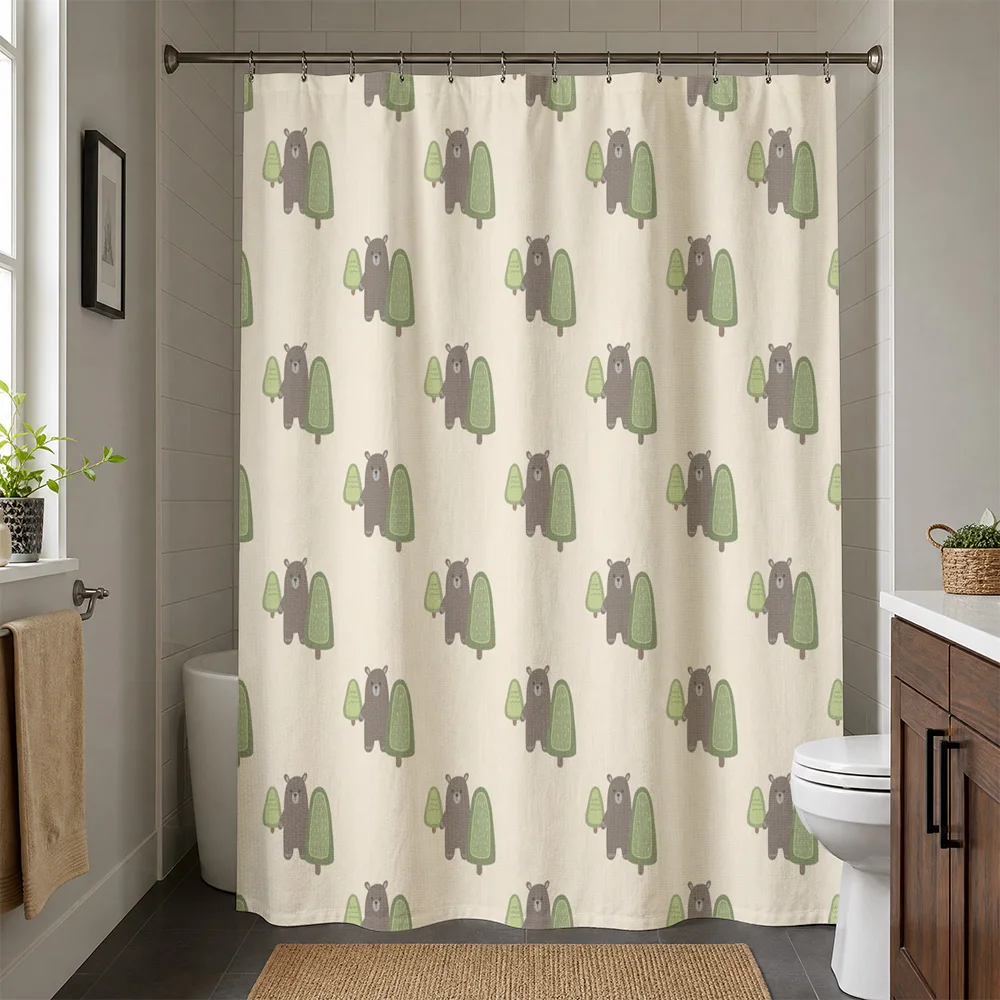 Cute Bear Woodland Animal Pattern Shower Curtain Waterproof Bathroom Decor Liner Kids Nursery Forest Print Home Bathroom Curtain