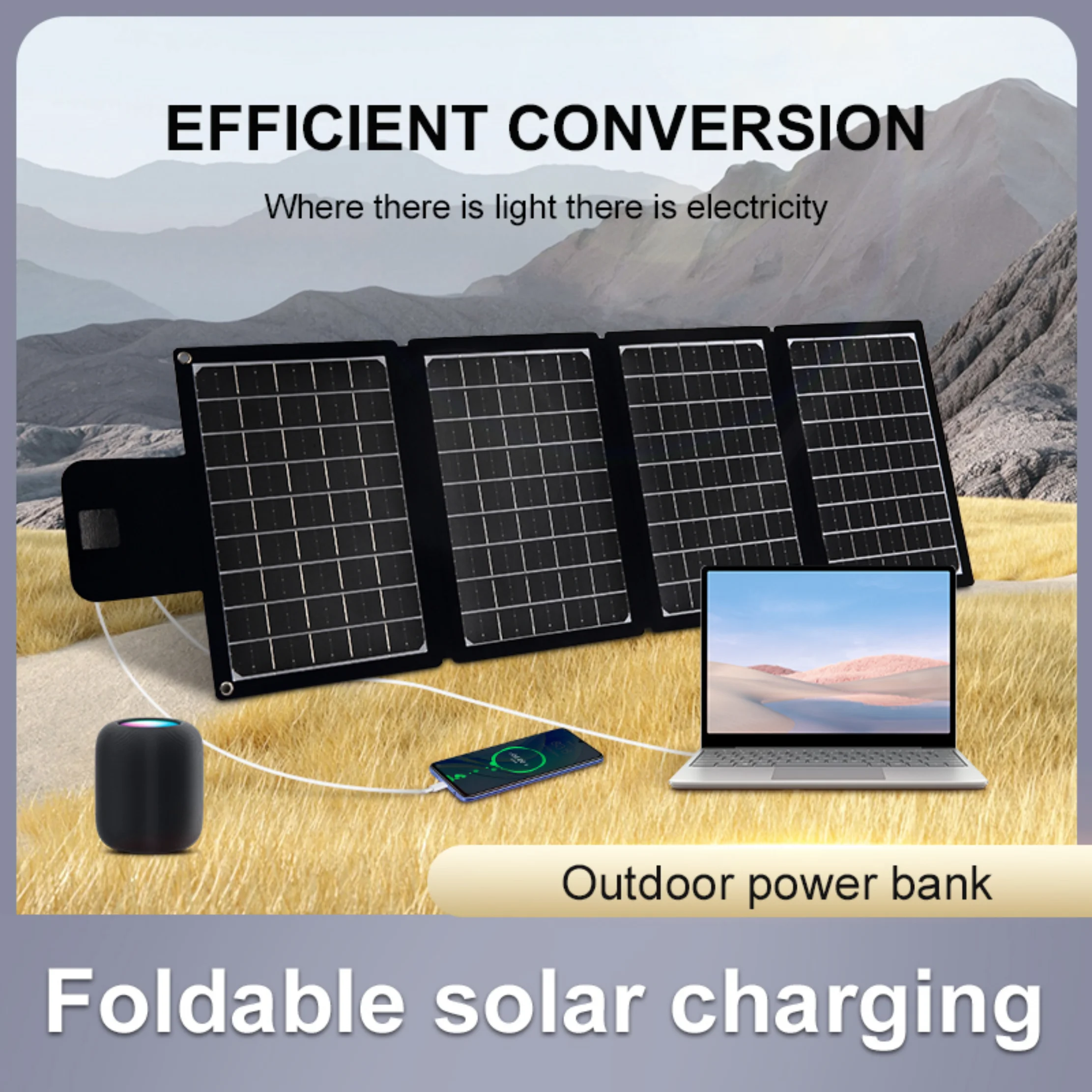 

60W solar panel, 18V foldable solar panel charger, suitable for mobile phones, laptops, dual USB ports 5A DC output