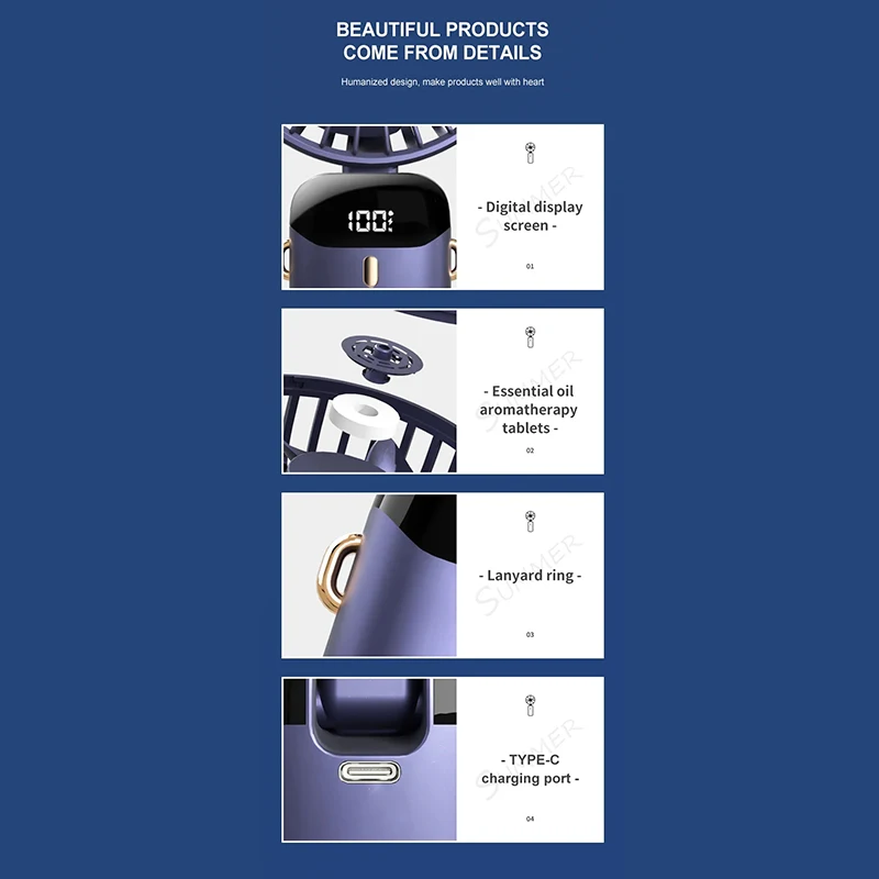Ventilador recargable por Usb de 5 velocidades con soporte para teléfono, Mini ventilador de mano con pantalla de visualización, Plegable, portátil,