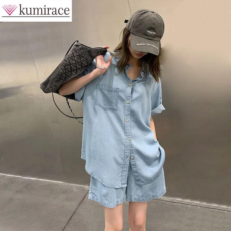 Korte Mouwen Denim Shirt Set Voor Dames Zomer Koreaanse Dunne Losse Casual Korte Broek Mode Tweedelige Set Korte Sets Voor Dames