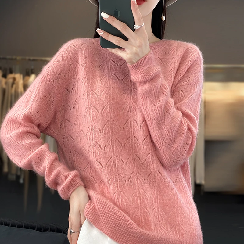Pure Wool Women\'s O-neck Pullover Korean Fashion Hollow Knit Top Solid Color Sweater Autumn and Winter Women\'s Clothes