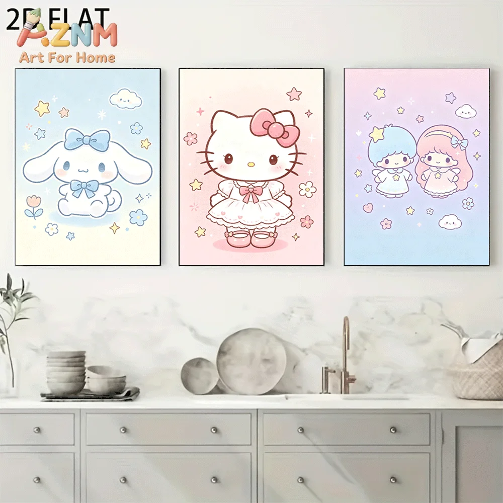 AZNM Sanrio Characters Canvas Wall Art Unframed Cute Cartoon Print Poster Hello Kitty Cinnamoroll Little Twin Stars Star Flower