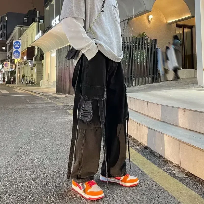 Pants2024Spring Autumn Man Loose Baggy Jeans Hiphop Skateboard Denim Pants Street Loose Casual Wide Leg Male Ripped Trouses