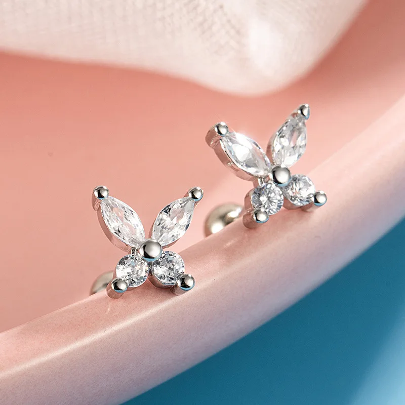 2PCS Elegant Butterfly Screw Stud Earrings, Shiny Zircon