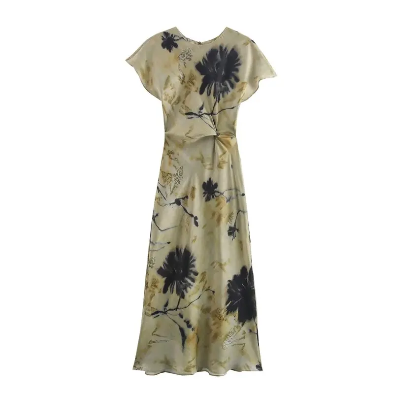 Ele Silk Satin Print Midi Dr Autumn New Arrival Women's Faion Dr ort Sve Single Piece Fine Sle 2024