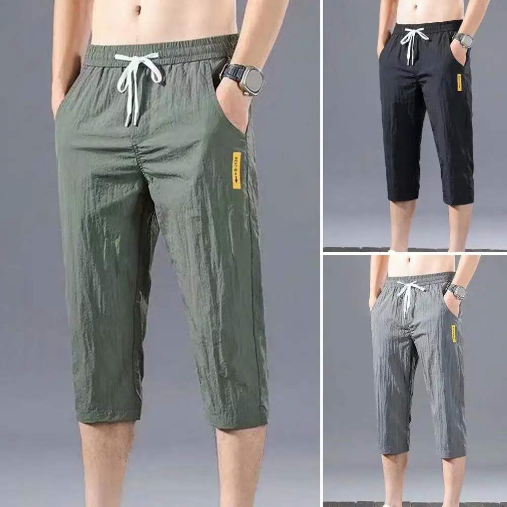 Summer Jogger Pants Close-fitting Summer Sweatpants Slim Fit Pockets  Stylish Deep Crotch Stretchy Waist Men Trousers