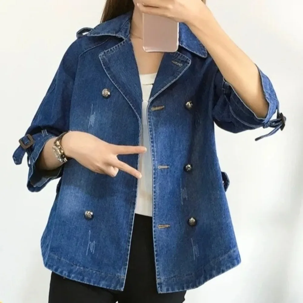 

Denim Cape Coat Female Jacket Double Breasted Jackets Women Office Lady Windbreaker Denim Basic Coats 2025 Autumn Overcoat