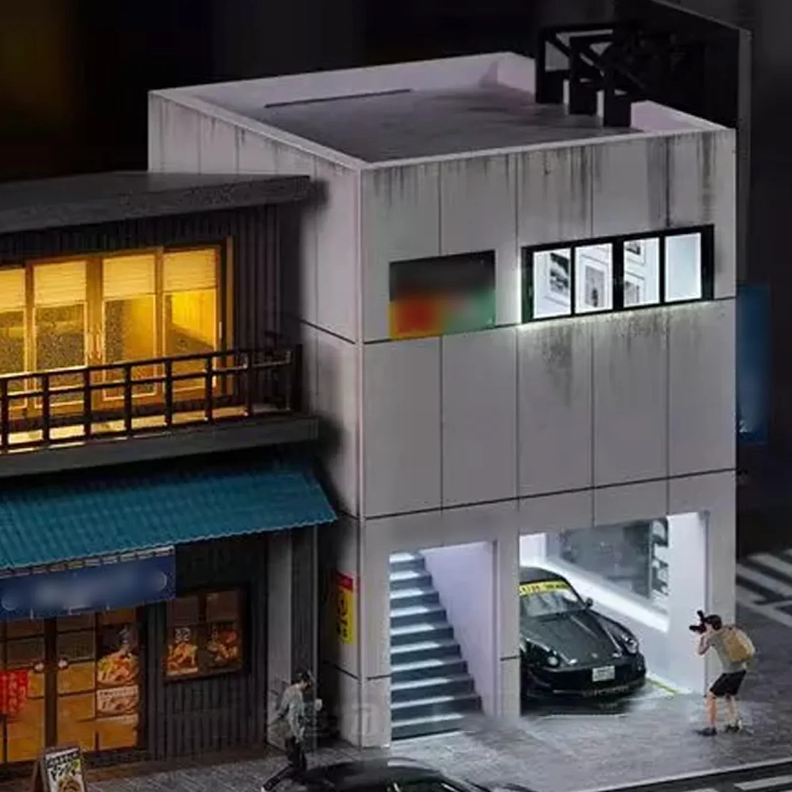 Modelo de garagem de carro Diorama em escala 1/64 com iluminação LED Mini exibição de cena de estacionamento de edifício de cidade