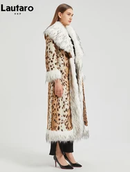 Lautaro Winter Long Warm Thick Leopard Print Faux Fur Coat Women with Faux Fox Fur Trim and Cuff Luxury  Furry Overcoat