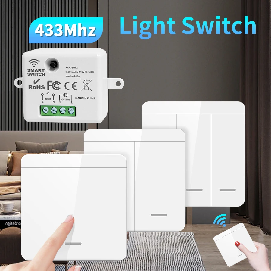 Wireless ON OFF Switch RF433 Module Remote Control Light Switch 1/2/3 Gang Wall Switch for Light Bulb Chandelier 10A 110V 220V