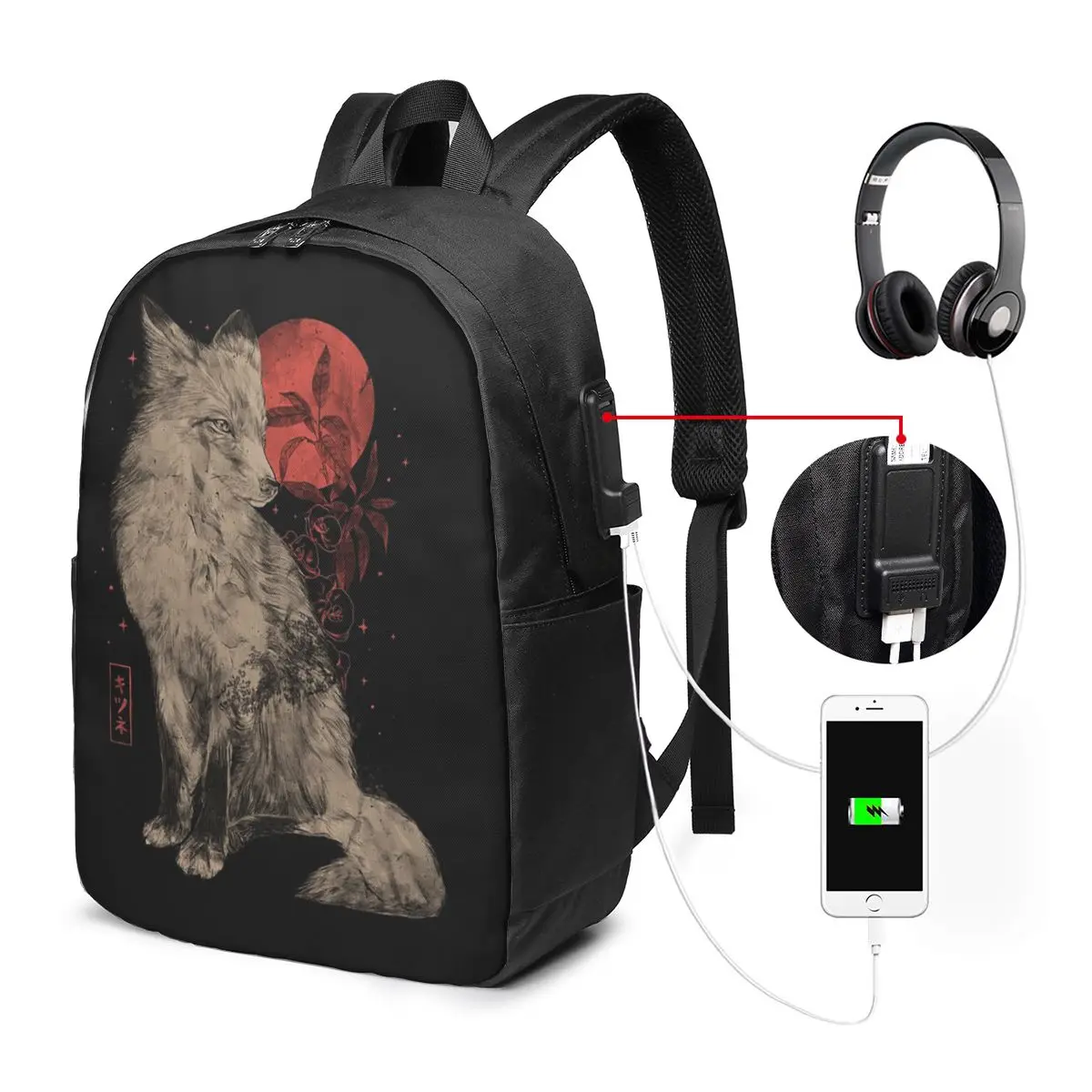 Mysterious Japanese Fox In Dark Backpack Travel Notebook Bag Computer College Student School Bag Laptop Shoulder Bags Men Women