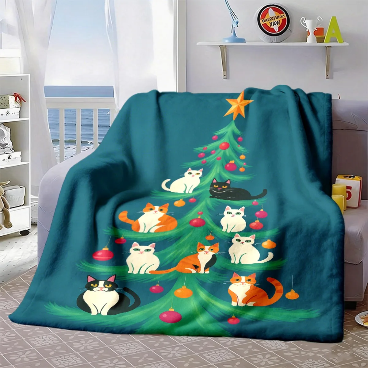 Cartoon Cats Christmas Tree Flannel Blanket, Cute Holiday Kitty Art Throw for Living Room Bedroom & Warm Holiday Gift Picks